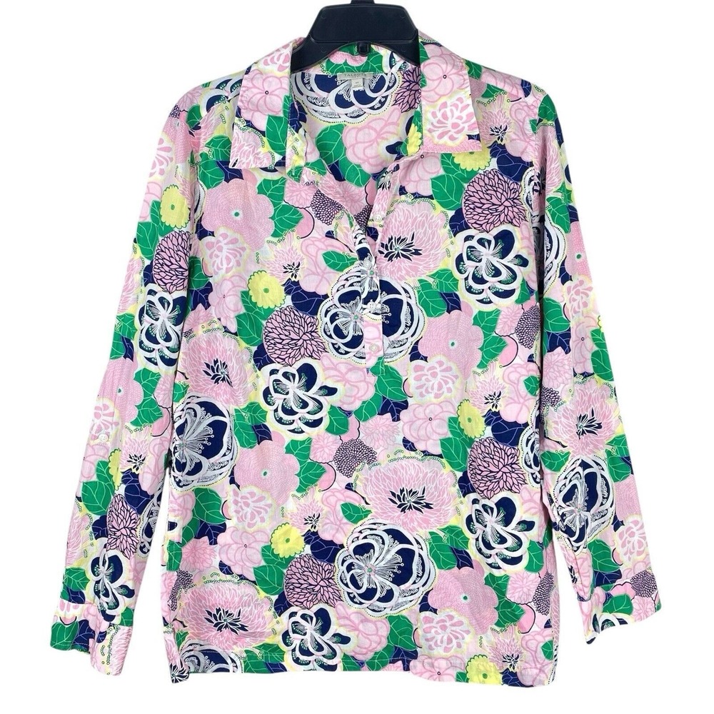 Talbots Womens Popover Blouse Medium Pink Floral Cotton Long Sleeve Button Down